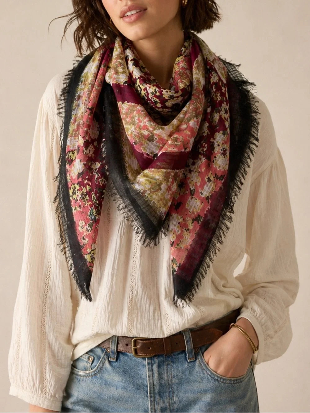 J. Jill Floral Gauze Scarf Black Fringe Boho Square Lightweight Wrap Cottagecore